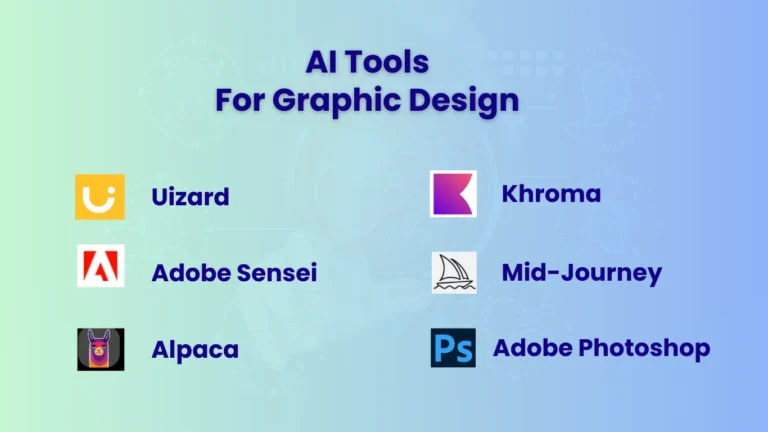 Top 6 ai tools for graphic design - Adobe Sensei - adobe photoshop - khroma -mid journey - alpaca - uizard