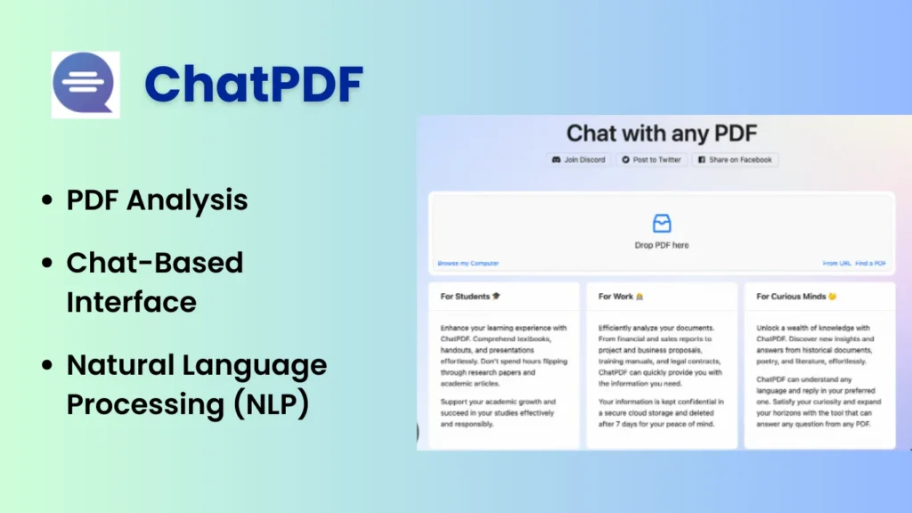 Chat pdf AI TOOLS FOR RESEARCH
FEATURES
Data Visualization Tools Data Visualization Tools
PDF Analysis
Chat-Based Interface:
Natural Language Processing