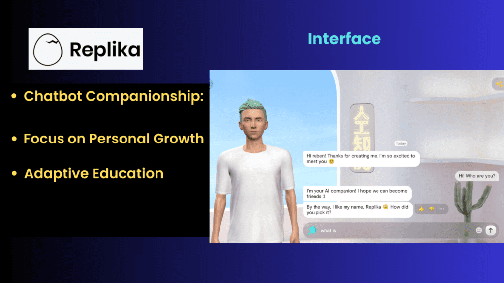 Replika ai tool interface
features
Adaptive Education
Focus on Personal Growth
Chatbot Companionship: