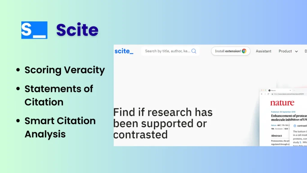 Scite AI Tool for research 
features
Scoring Veracity
Statements of Citation
Smart Citation Analysis