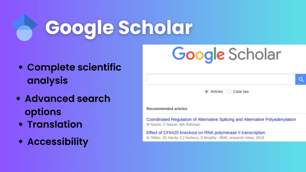 Google Scholar
features
Complete scientific analysis
Advanced search options:
Translation
Accessibility