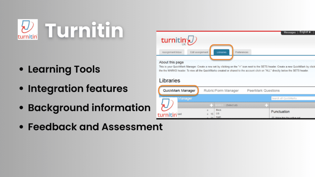 turnitin 
features -
Learning Tools
Integration features
Feedback and Assessment
Background information