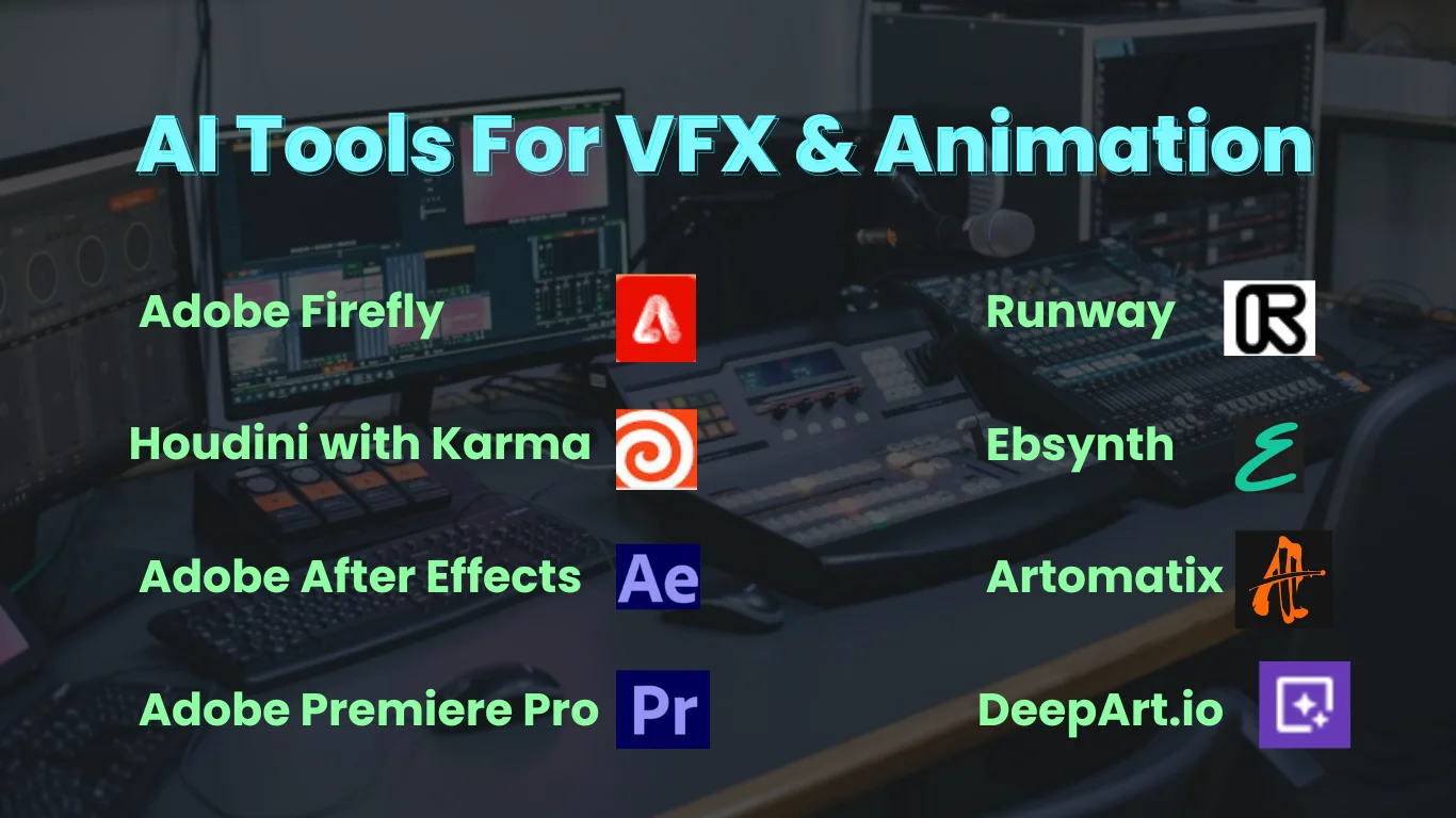 Best AI Tools For VFX: Adobe Firefly, Houdini with Karma, Adobe After Effects, Artomatix, Ebsynth, DeepArt.io, Runway, Adobe Premiere Pro Examples of AI Tools 2024